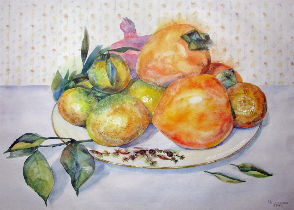 Рисунок картина мандарины хурма